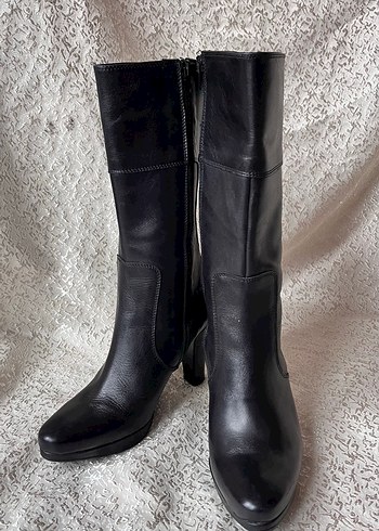 Siyah Deri Tokalı Dizüstü Stiletto Botlar - Görsel 7