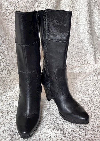 Siyah Deri Tokalı Dizüstü Stiletto Botlar - Görsel 3