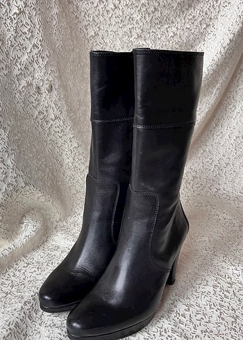 Siyah Deri Tokalı Dizüstü Stiletto Botlar - Görsel 6