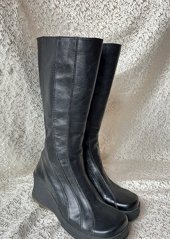 Siyah Deri Platform Topuklu Gotik Diz Boyu Bot - Görsel 7