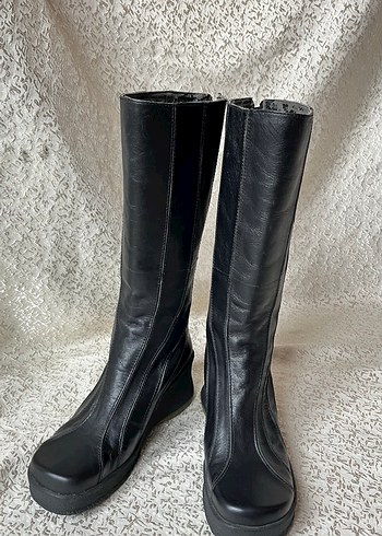 Siyah Deri Platform Topuklu Gotik Diz Boyu Bot - Görsel 5