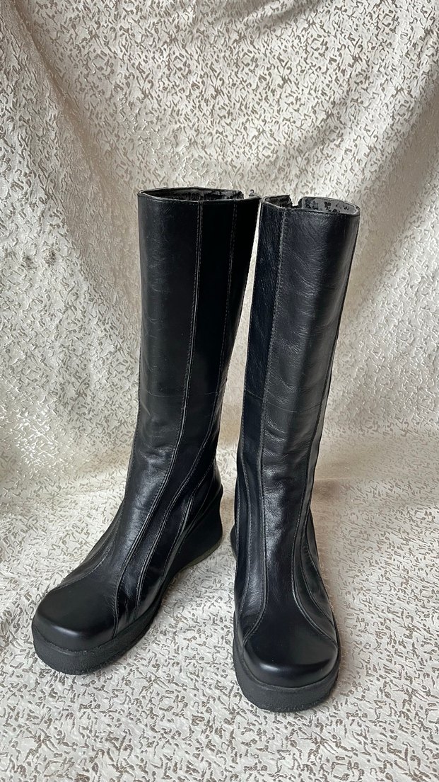 Siyah Deri Platform Topuklu Gotik Diz Boyu Bot - Görsel 5