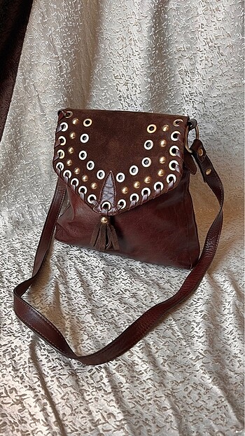 American Vintage Metal İşlemeli Vintage Hakiki Deri Çanta ????
