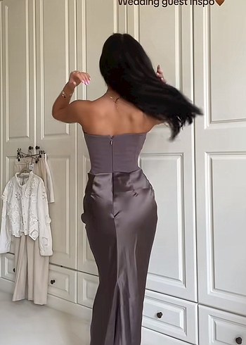 Zara Kadın kahverengi Saten Uzun Abiye Elbise