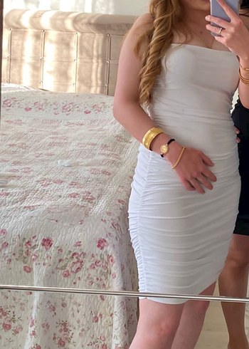 Beyaz Drapeli askılı  Mini Elbise - Görsel 2