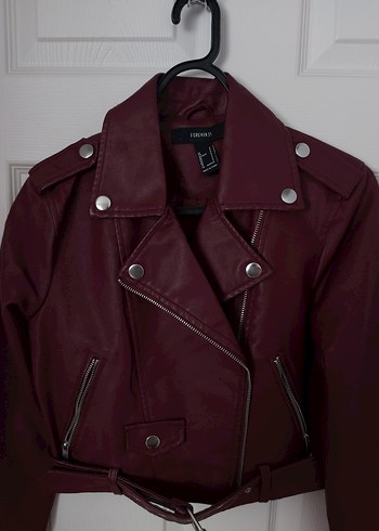Forever 21 Bordo Crop Kemerli Biker Ceket - Görsel 2