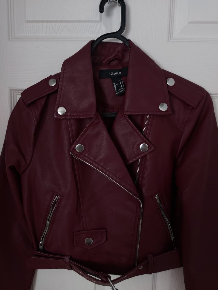 Forever 21 Bordo Crop Kemerli Biker Ceket - Görsel 2