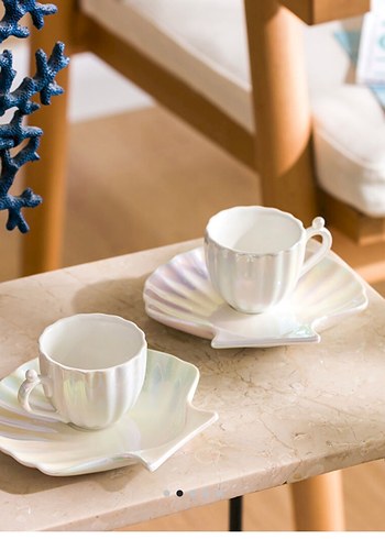 Pastel Beyaz İnci Görünümlü Fincan ve Tabak Seti
