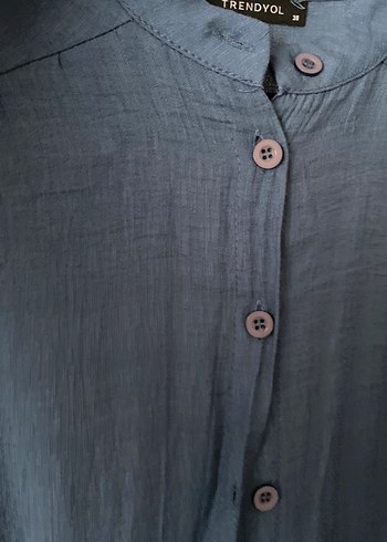 Düğmeli Uzun Kollu Mavi Keten tunik - Görsel 3