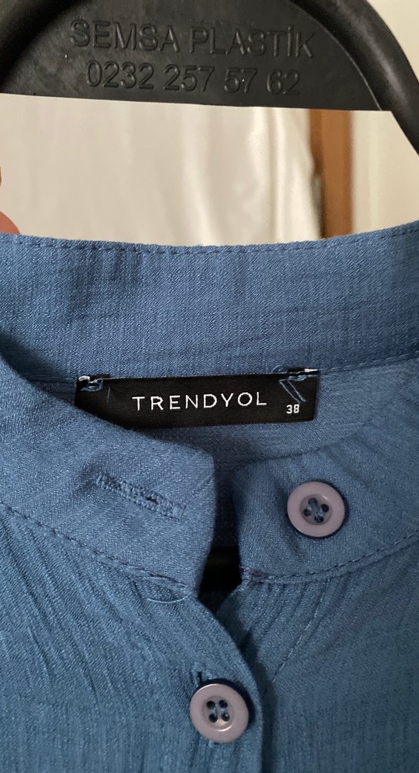 Düğmeli Uzun Kollu Mavi Keten tunik - Görsel 2