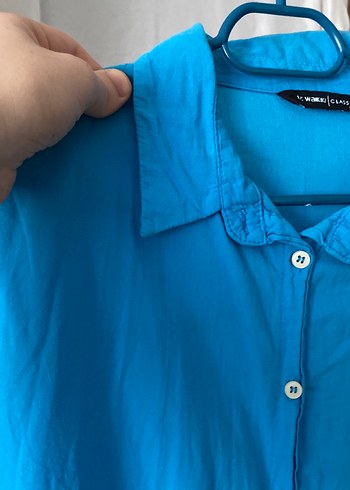 Düğmeli Mavi Keten Kadın Gömlek - Görsel 3