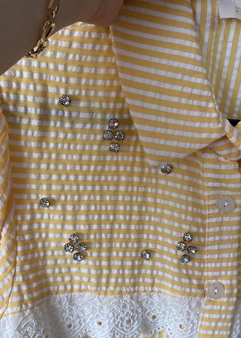 Uzun Kollu Sarı Nakışlı gofre Gömlek - Görsel 3