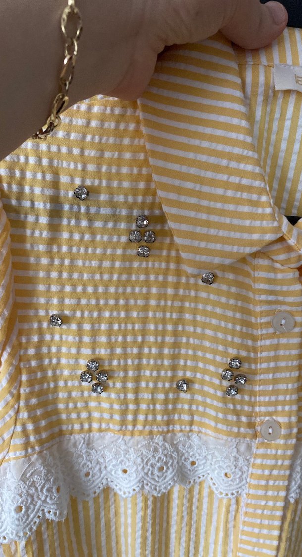 Uzun Kollu Sarı Nakışlı gofre Gömlek - Görsel 3