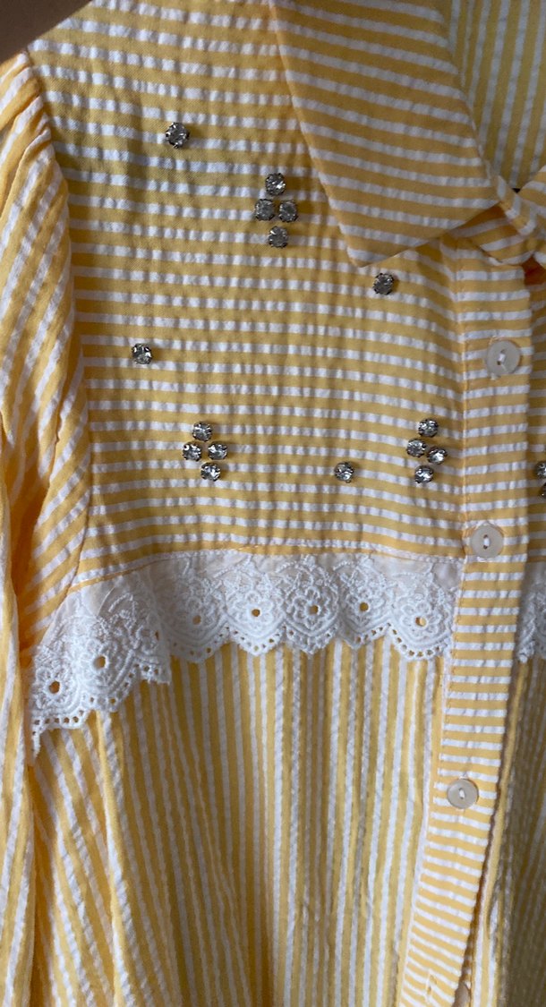 Uzun Kollu Sarı Nakışlı gofre Gömlek - Görsel 4