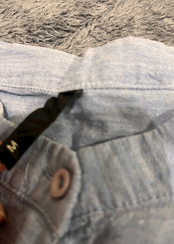 Açık mavi Uzun Kollu Düğmeli Keten Kadın Gömlek - Görsel 3