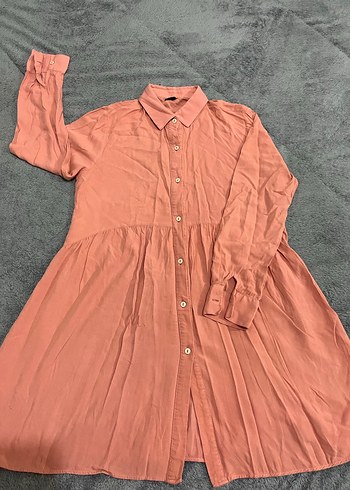 Düğmeli Pembe Uzun Keten Kadın Gömlek - Görsel 2