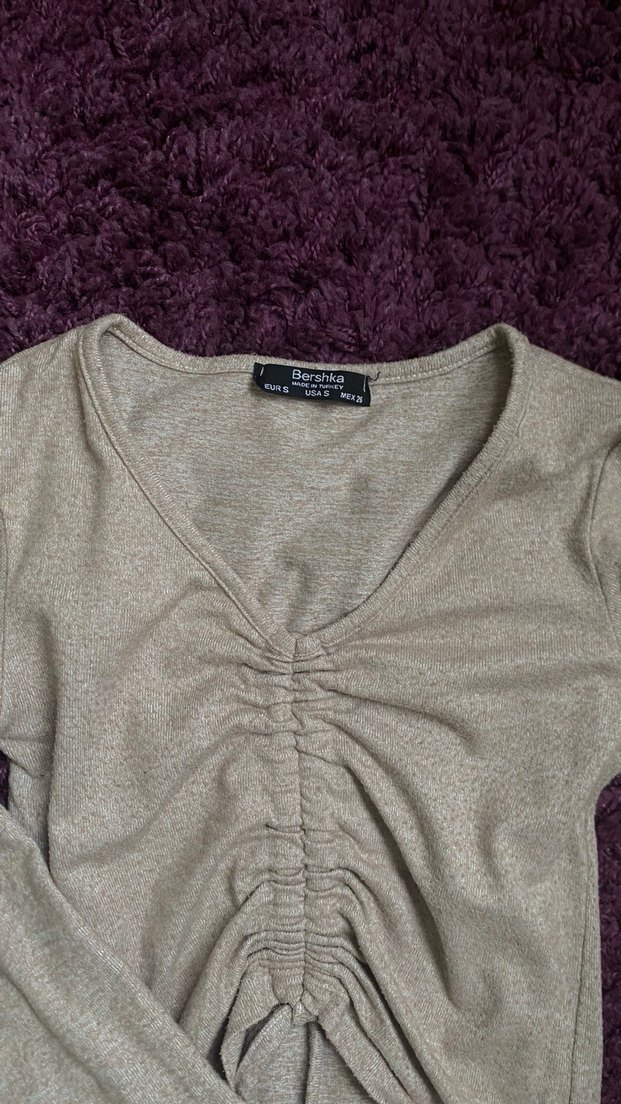 Bej V Yaka Uzun Kollu Triko Bluz - Görsel 3