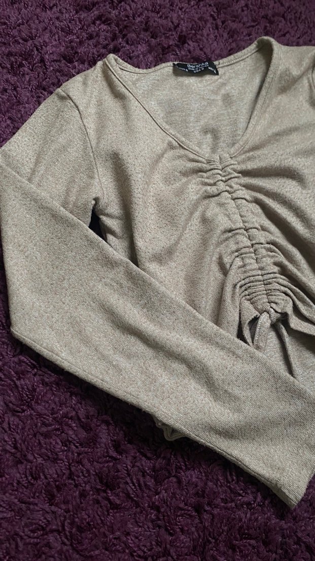 Bej V Yaka Uzun Kollu Triko Bluz - Görsel 2