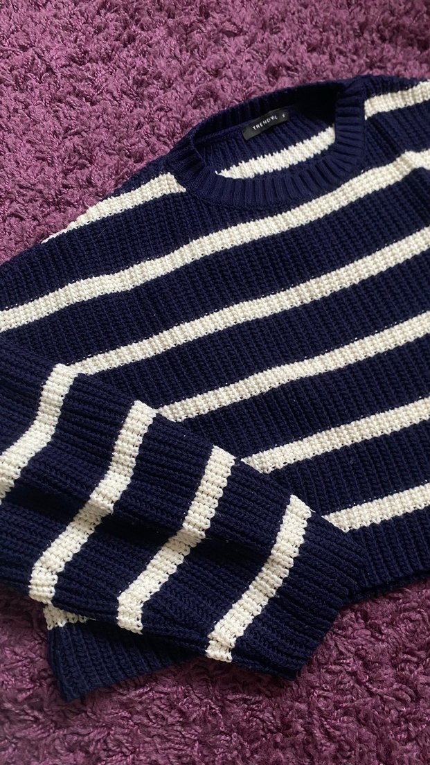 Kadın Çizgili Triko Kazak - Görsel 2