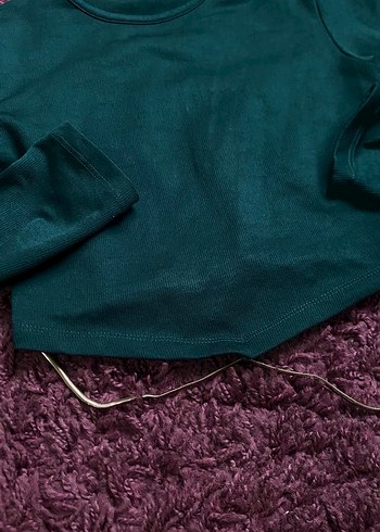Kadın yeşik Uzun Kollu Basic crop bluz - Görsel 2