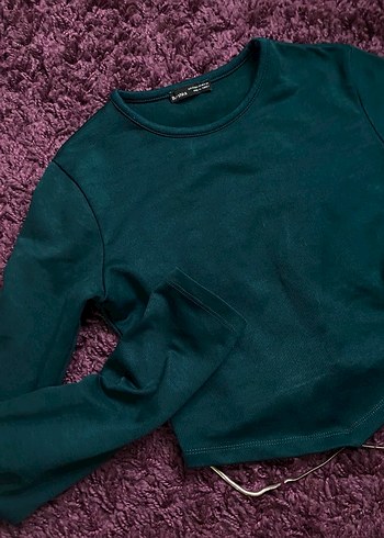 Kadın yeşik Uzun Kollu Basic crop bluz - Görsel 3