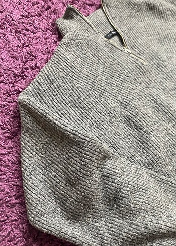 Gri Yarım Fermuarlı Örgü Kadın Kazak - Görsel 2