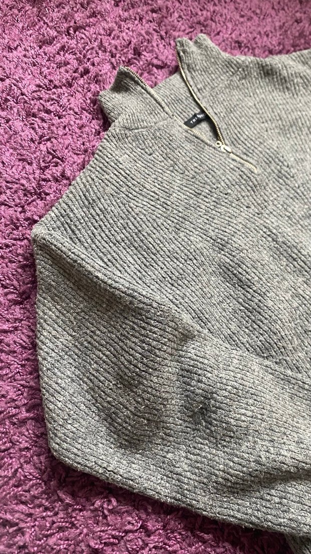 Gri Yarım Fermuarlı Örgü Kadın Kazak - Görsel 2