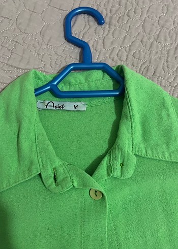 Düğmeli Yeşil Keten Gömlek - Görsel 4