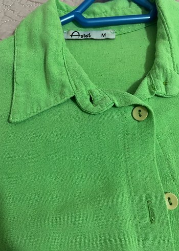 Düğmeli Yeşil Keten Gömlek - Görsel 5