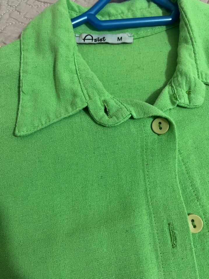 Düğmeli Yeşil Keten Gömlek - Görsel 5