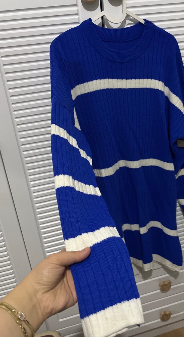 Rahat Kesim Uzun Kollu Mavi Çizgili Kazak uzun tunik - Görsel 3