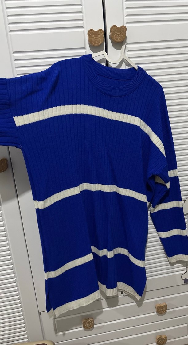 Rahat Kesim Uzun Kollu Mavi Çizgili Kazak uzun tunik - Görsel 2