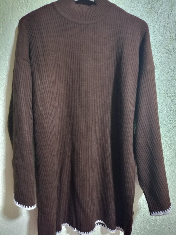 Kahverengi Uzun Kollu Boğazlı Örme Kadın Kazak(İspanyol kol) - Görsel 4