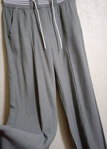 Gri Kemerli Bol Kesim Keten Kadın Pantolon - Görsel 3