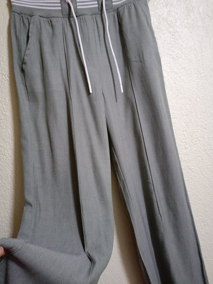 Gri Kemerli Bol Kesim Keten Kadın Pantolon - Görsel 3