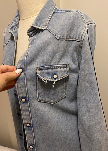 Gri Kadın Düğmeli Denim Ceket - Görsel 2