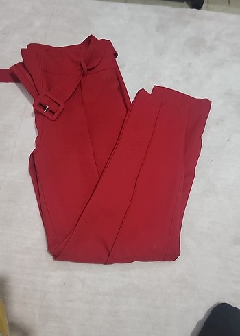 Kemerli Kırmızı Midi Kadın Kumaş Pantolon - Görsel 5