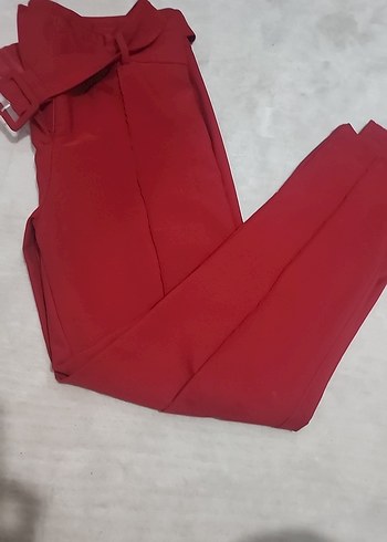 Kemerli Kırmızı Midi Kadın Kumaş Pantolon - Görsel 6