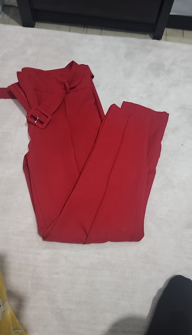 Kemerli Kırmızı Midi Kadın Kumaş Pantolon - Görsel 5