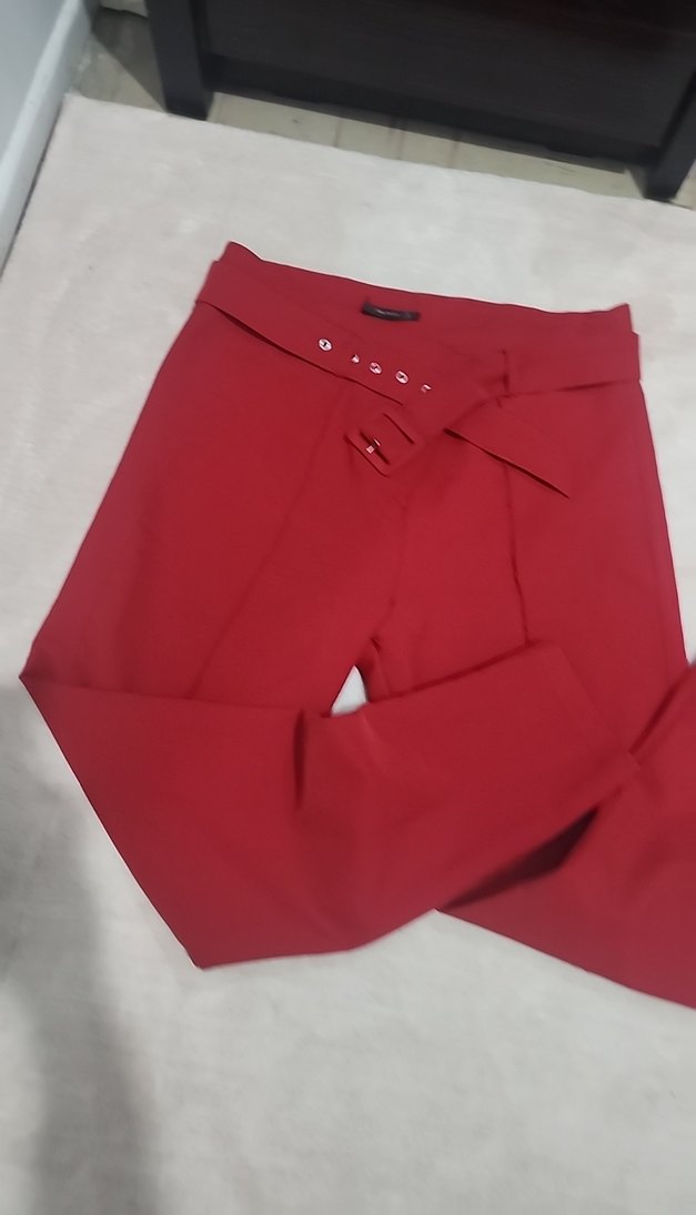 Kemerli Kırmızı Midi Kadın Kumaş Pantolon - Görsel 4