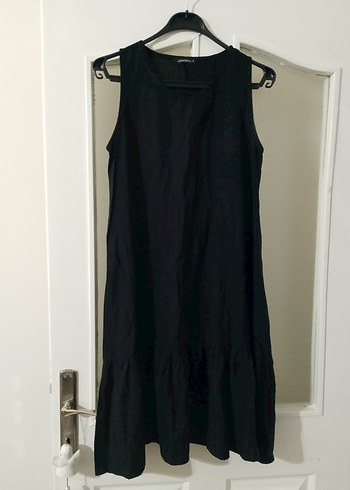 Siyah Kolsuz Midi Keten Elbise - Görsel 3