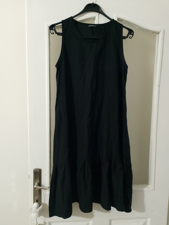 Siyah Kolsuz Midi Keten Elbise - Görsel 4