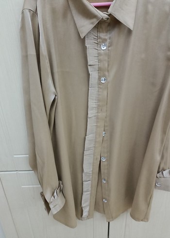 xl Beden Bej Düğmeli Uzun Kollu Kadın Gömlek