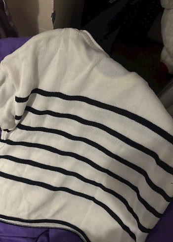 Düğmeli Beyaz Çizgili Kadın Kazak - Görsel 4