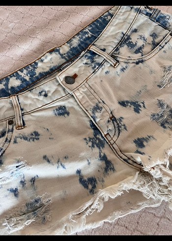 38 Beden mavi Renk Kadın Mavi Tie-Dye Mini Denim Şort