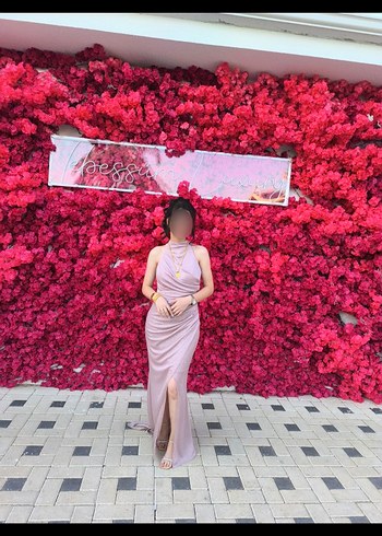 Taç Pudra Pembe Halter Yaka abiye