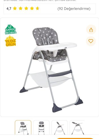 Gri Yıldız Desenli Bebek Mama Sandalyesi