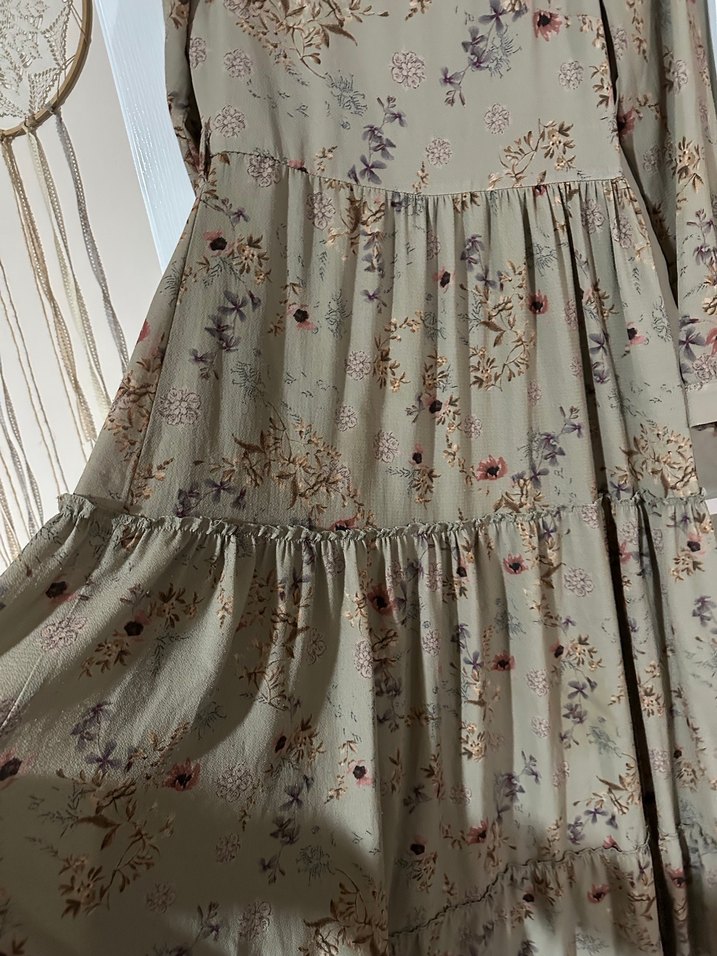 Bej Uzun Kollu Bohem Çiçek Desenli Elbise - Görsel 2