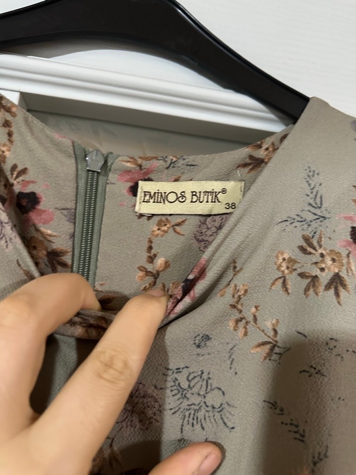 Bej Uzun Kollu Bohem Çiçek Desenli Elbise - Görsel 4