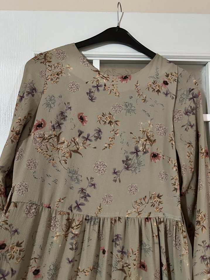 Bej Uzun Kollu Bohem Çiçek Desenli Elbise - Görsel 3